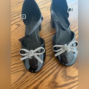 Nordstrom Glossy Black Dress Shoes with Silver Rhinestone Bow